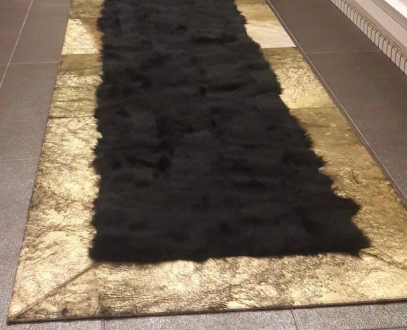 Luxury Black Gold Natural Sheepskin Hallway Runner Rug, Black Sheepskin ...
