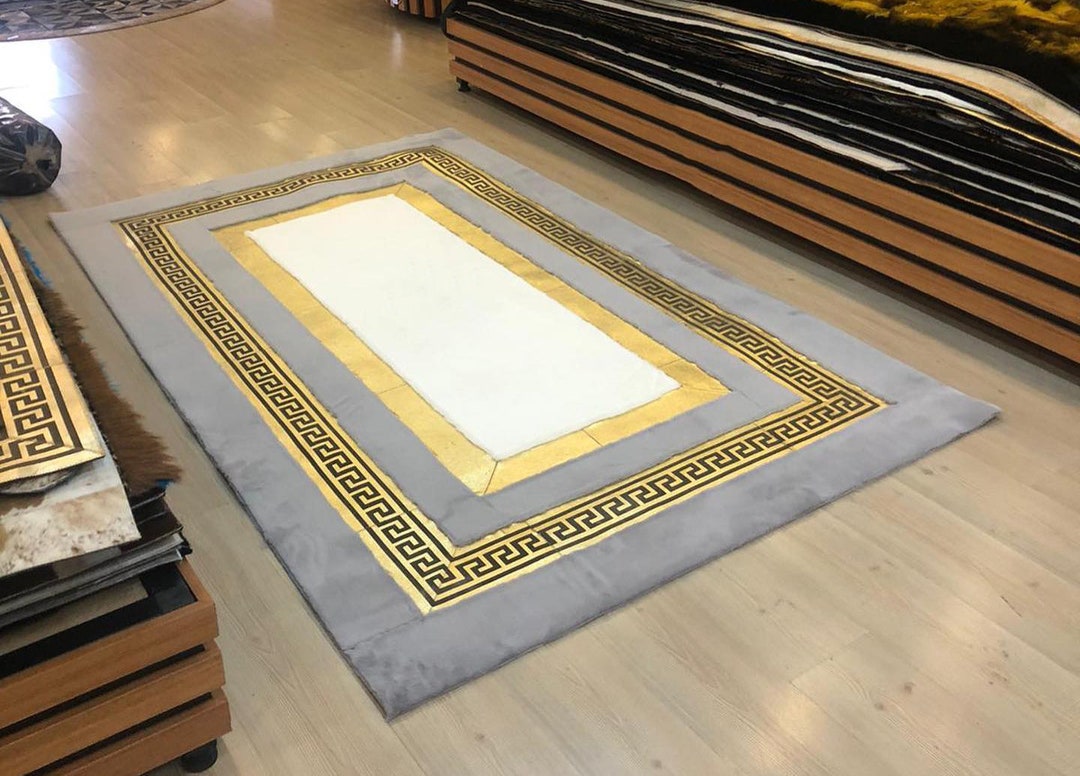 Plush Faux Leather White Gold Area Rug, Shaggy Faux Leather Rug, Gray