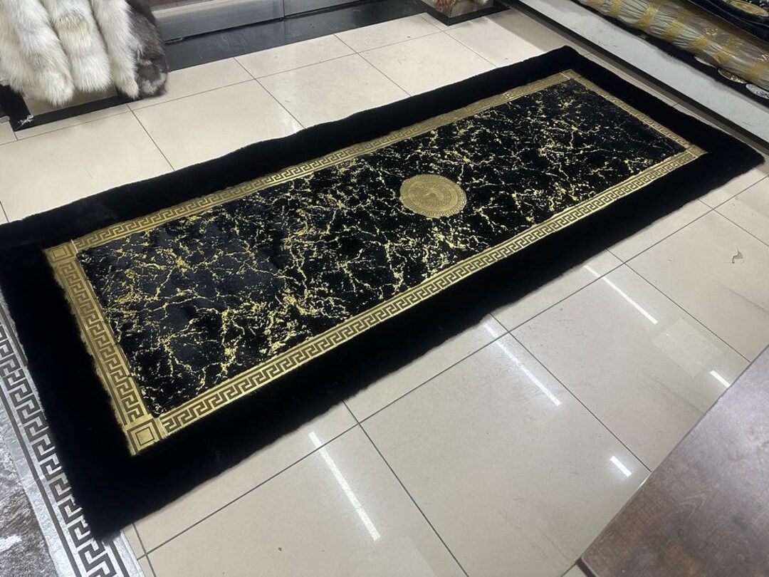 Luxurious Black Gold Runner Rug, Plush Faux Fur Elegant Hallway Rug ...