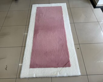 Pink Faux Fur Plush Runner Rug, Faux Fur Pink Living Room Pink White Fluffy Rug, Modern Minimalist Pink Hallway Rug, Soft Fluffy Custom Rug