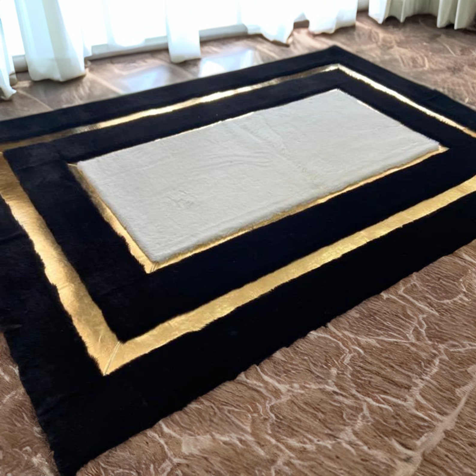 Black Gold Plush Area Faux Leather Rug, White Large Living Room Rug