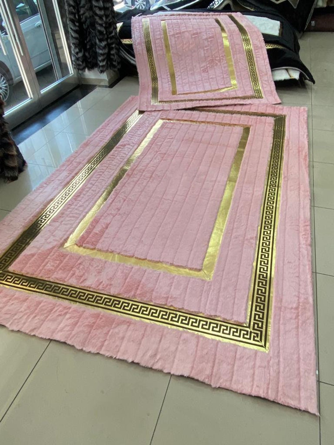 Pink Gold Plush Area Faux Leather Rug, Pink Large Rug, Living Room Rug