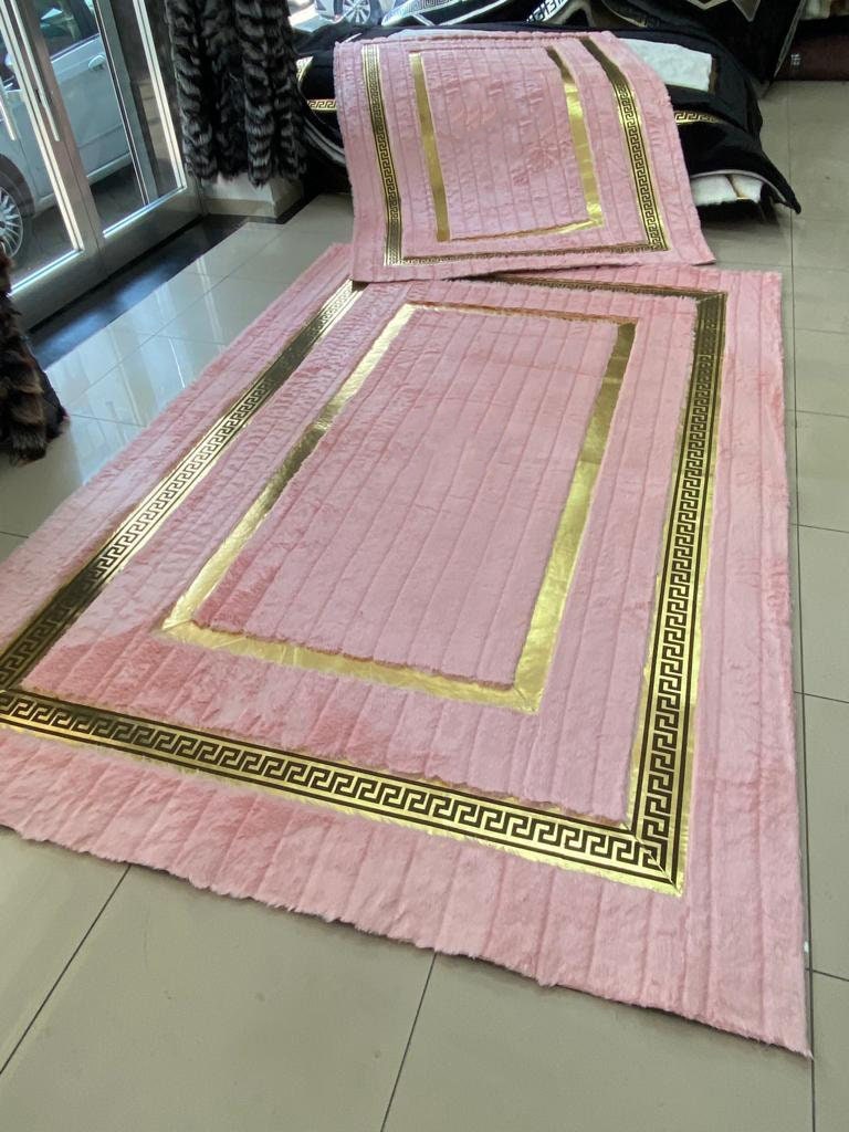 Pink Gold Plush Area Faux Leather Rug, Pink Large Rug, Living Room Rug
