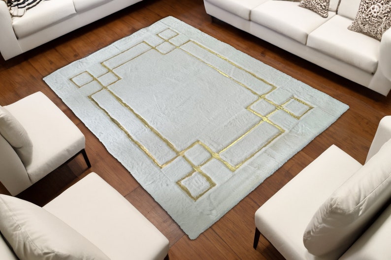 Plush Geometric Area White Gold Faux Fur 5x8 Rug, Living Room Elegant