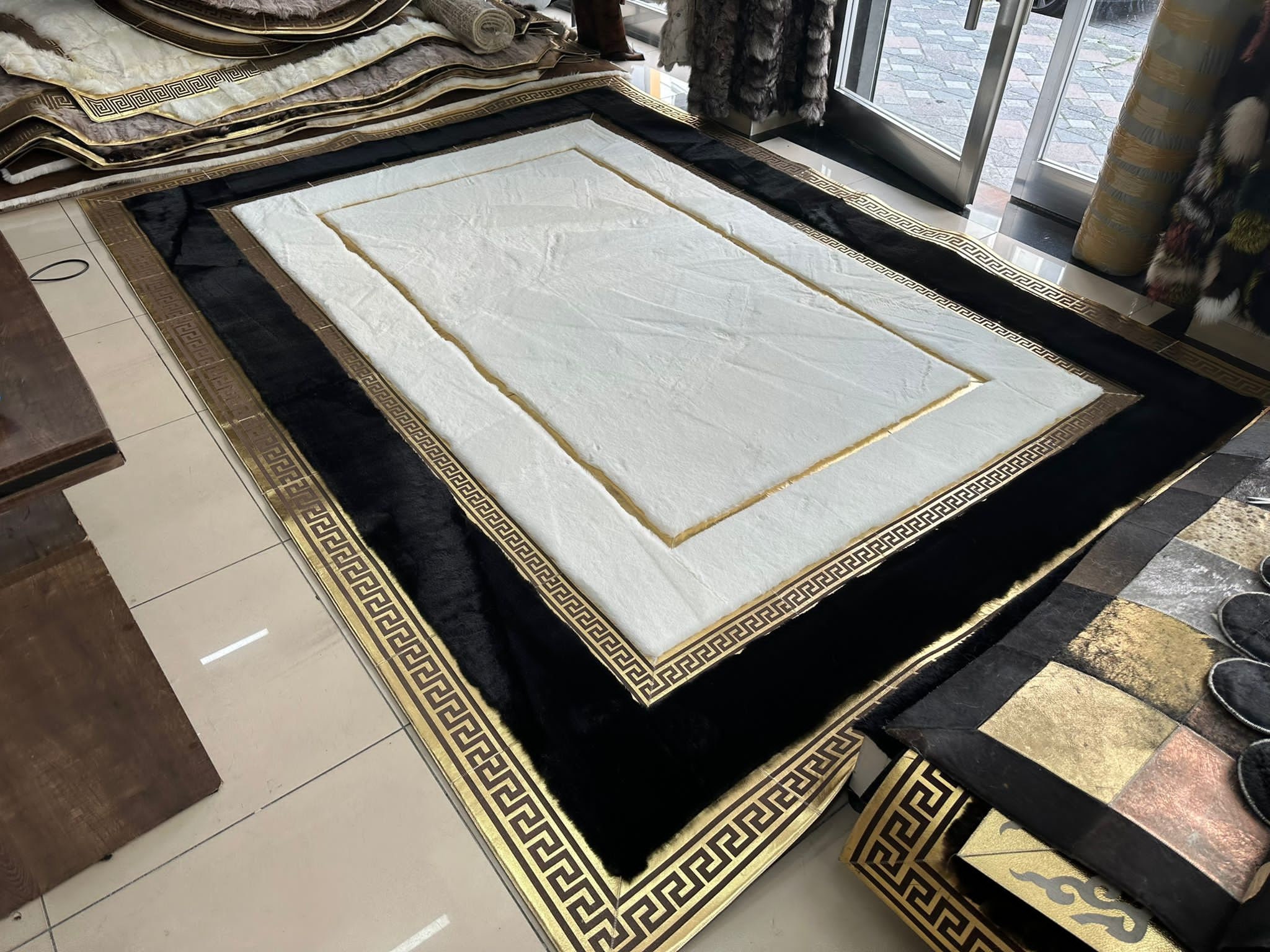 Plush Area Black White Gold Soft Rug Faux Leather Rug Living Etsy