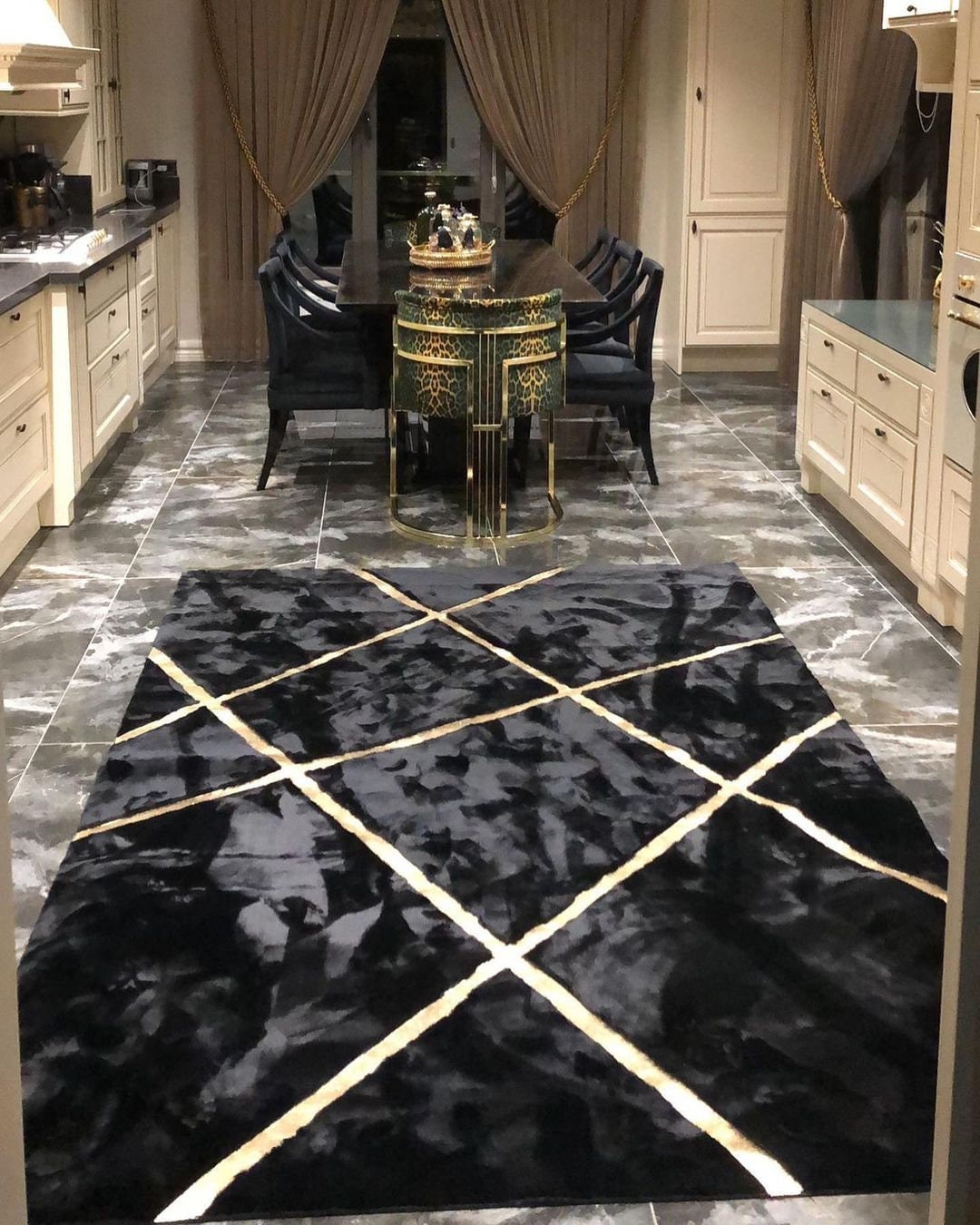 Geometric Plush Area Black Gold Rug, Faux Leather Living Room Rug ...