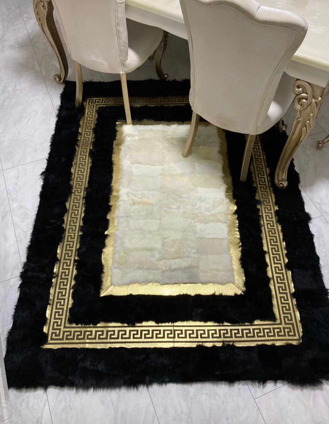 Luxury Sheepskin Black Gold Fur Living Room Rug 6X8, Sheepskin Black