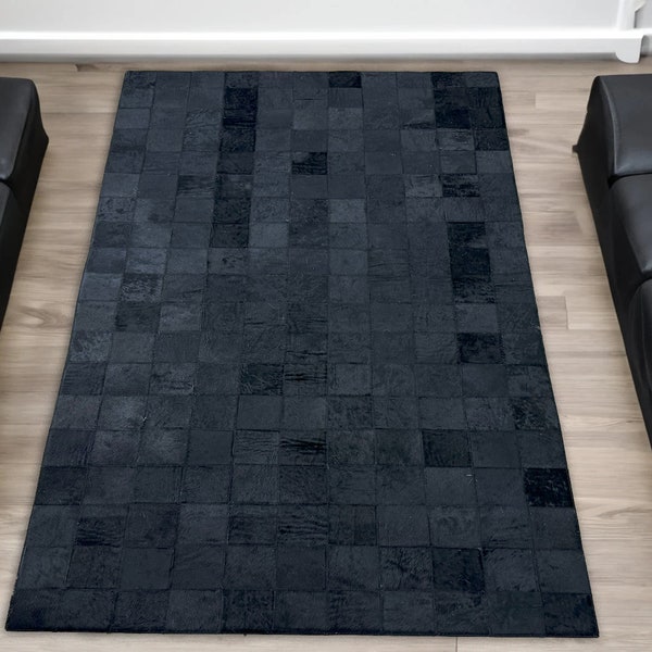 Tapis en cuir de vachette noir patchwork pour salon, tapis de bureau noir unique, cheveux sur peau, tapis de décoration d'intérieur en peau de vache, tapis minimaliste élégant