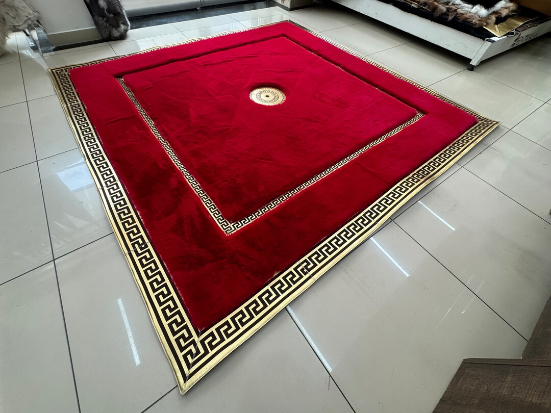 Geometric Plush Area Red Gold Faux Fur Rug, Living Room 5x8 Red Gold