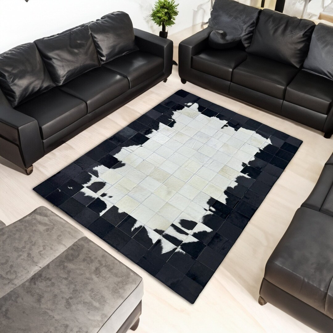Geometric Cowhide Area Black White Rug, Unique Leather Black Living