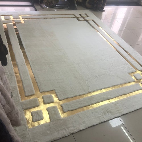 Geometric Plush Area White Gold Rug Faux Leather Rug Living Etsy