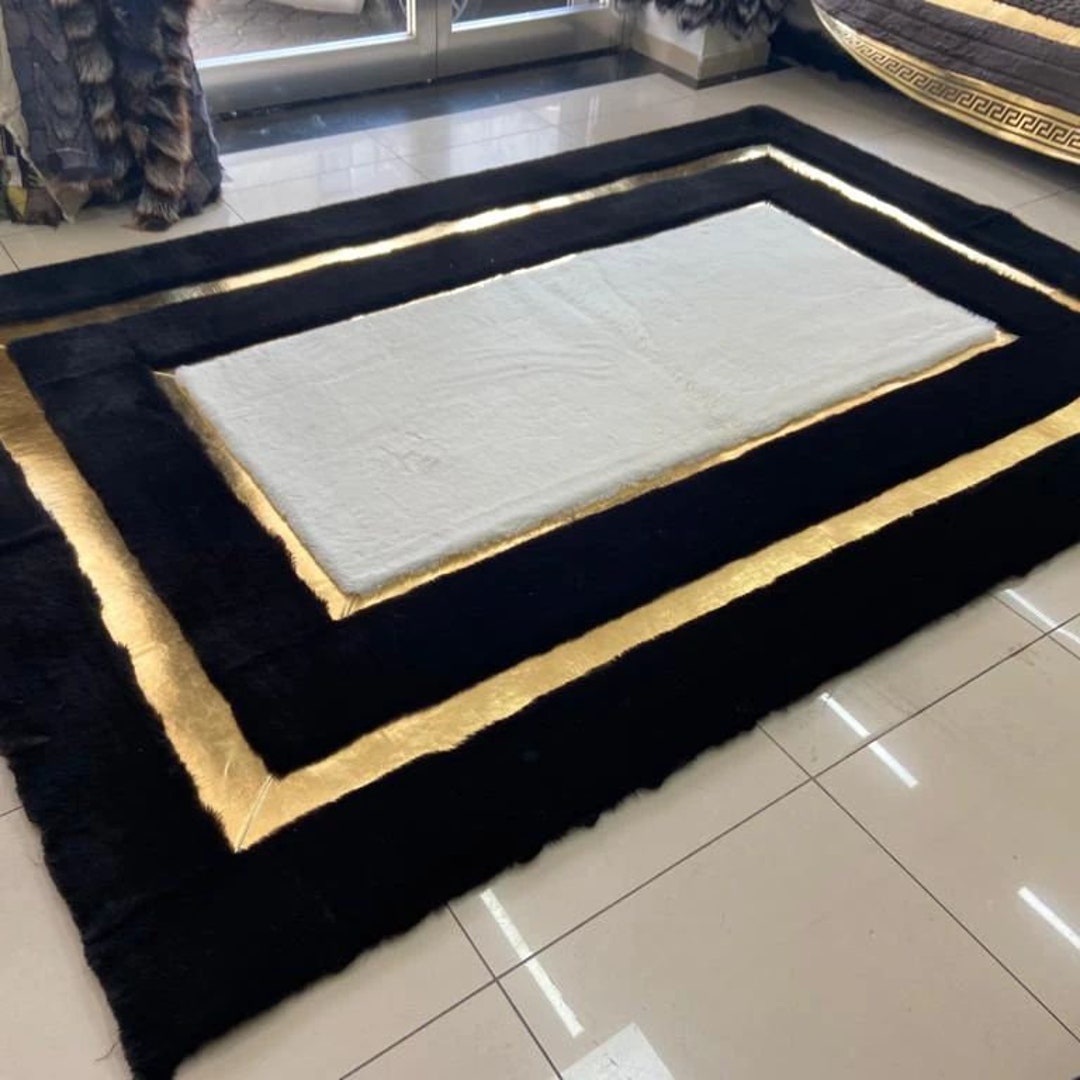Geometric Plush Area Black Gold Rug, Faux Leather Rug, Living Room Rug