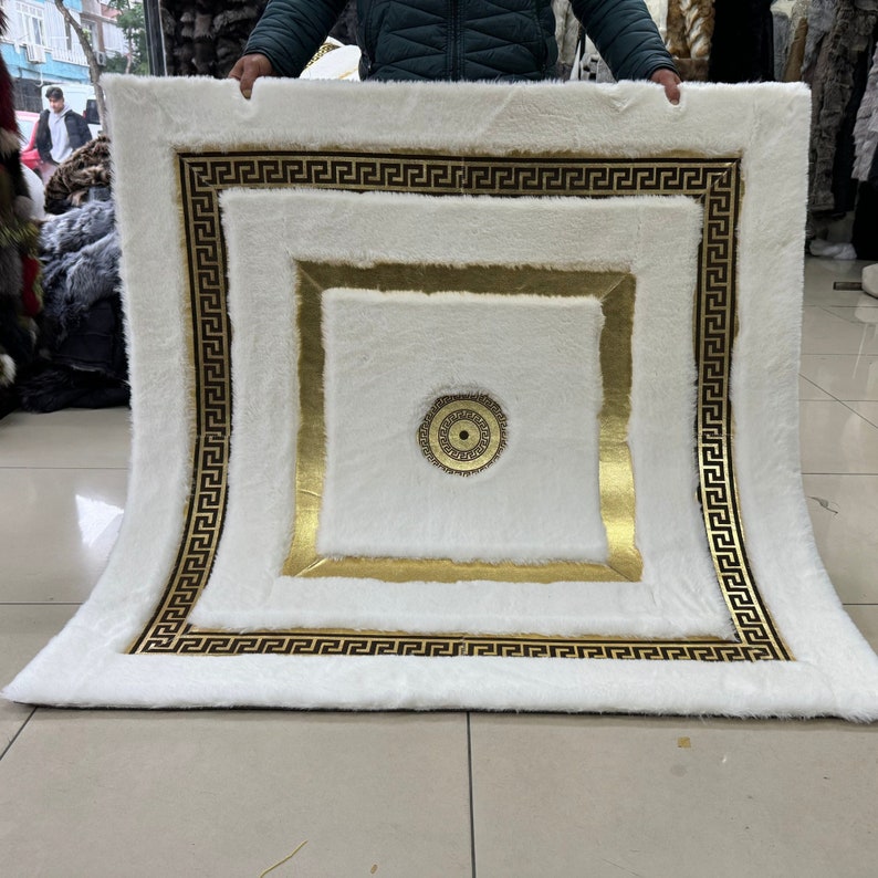 Faux Fur Geometric Area White Gold Rug Faux Leather Living Etsy