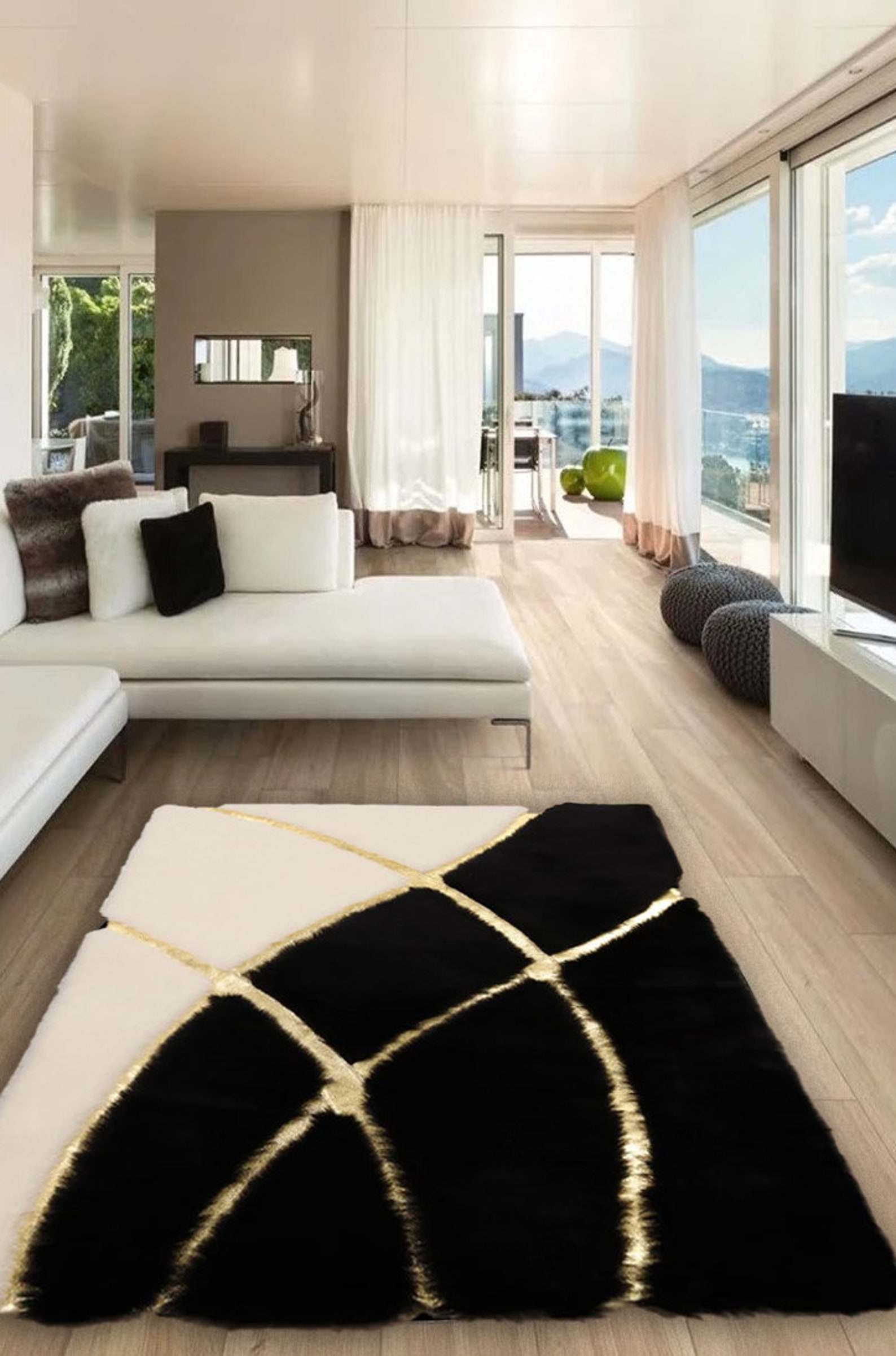 Geometric Plush Area White Black Gold Rug Faux Leather Rug Etsy