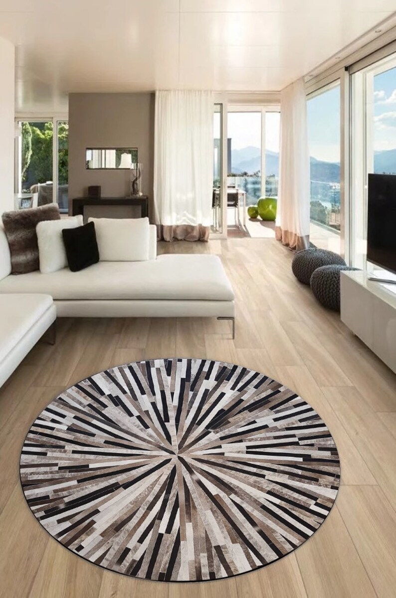 Round Geometric Cowhide Rug Genuine Leather Geometric Etsy