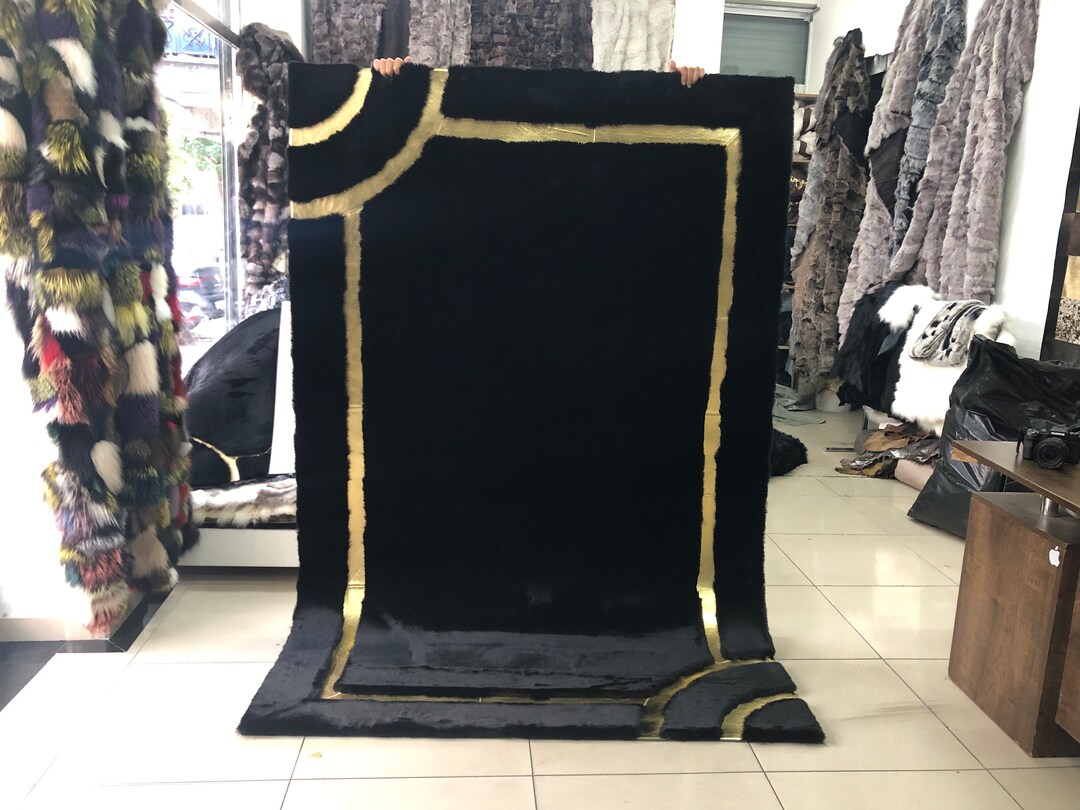 Geometric Plush Area Black Gold Rug, Faux Leather Rug, Living Room Rug