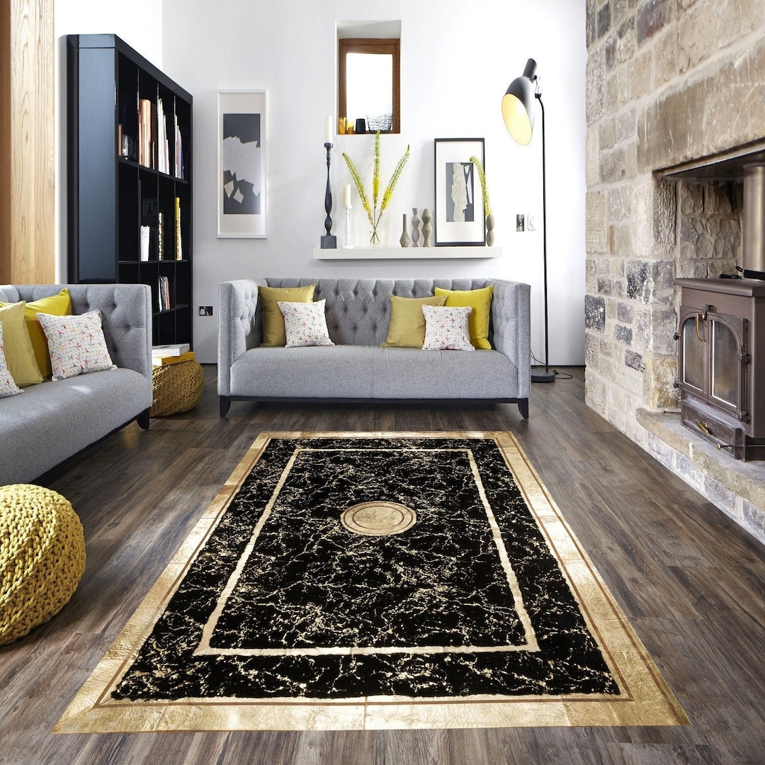 Plush Black Gold Area Rug, Black and Gold Fluffy Rug, Living Room Rug