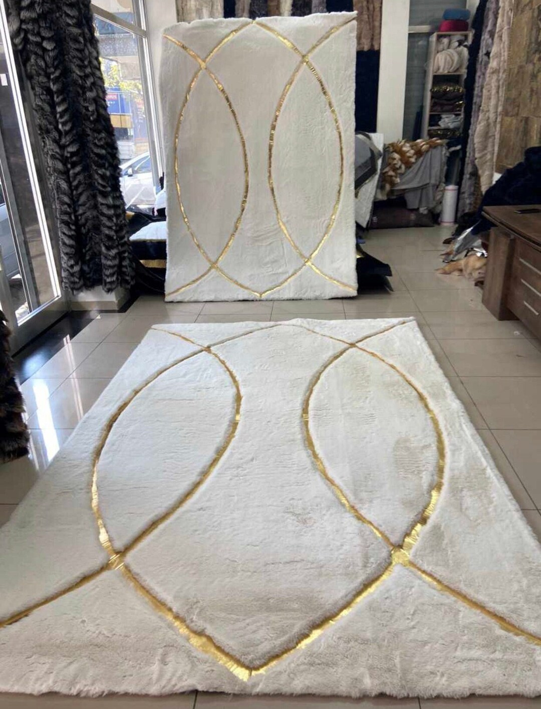 White and Gold Plush Rug, White Bedroom Rug, White Gold Carpet, White