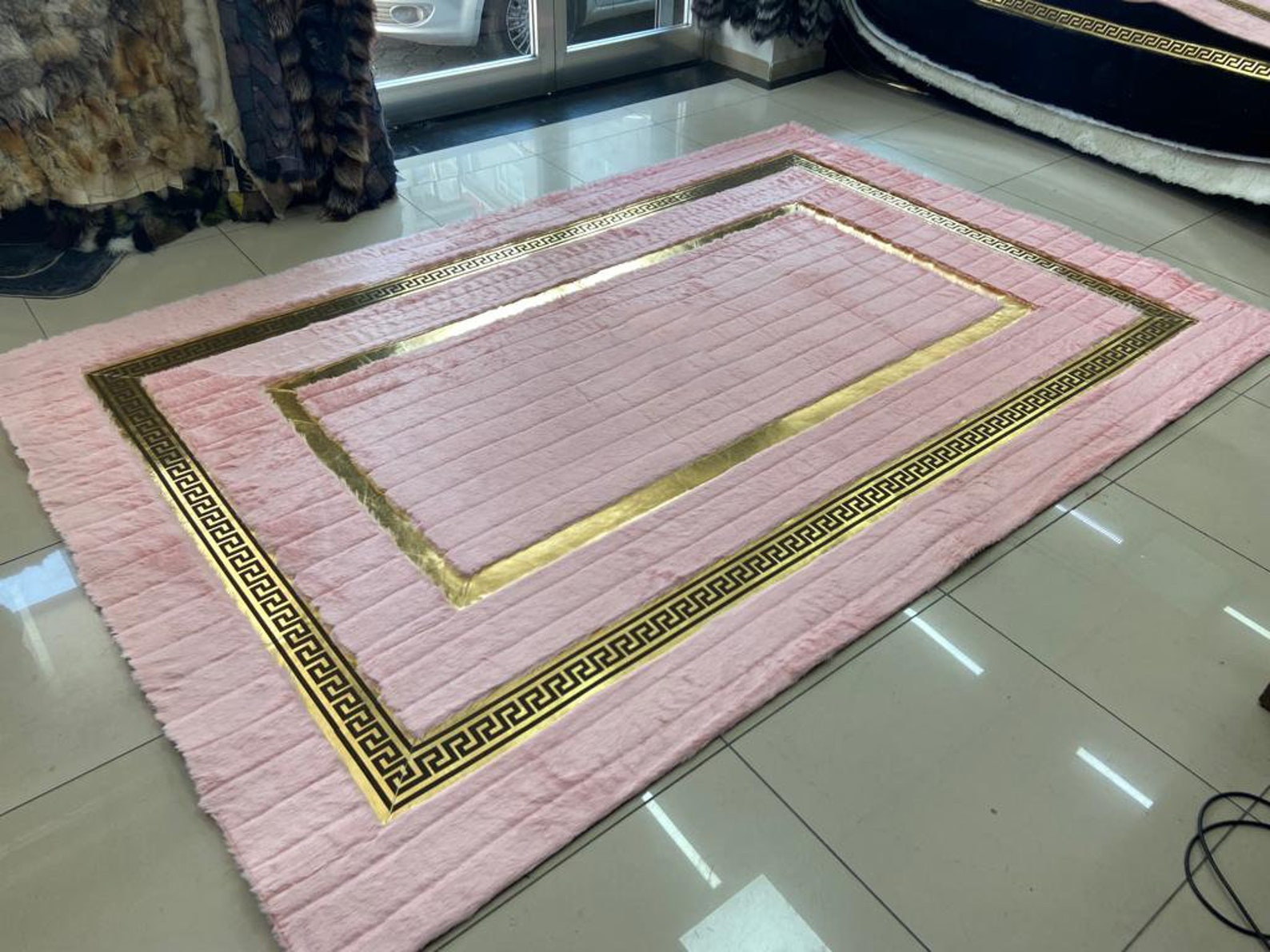 Pink Gold Plush Area Faux Leather Rug, Pink Large Rug, Living Room Rug