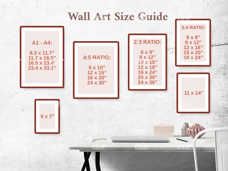 May include: A wall art size guide with different ratios and measurements in inches. The guide is displayed on a white wall with a laptop and a decorative object on a white table.