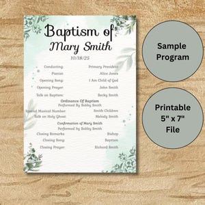 Puede incluir: Un programa de bautizo con el texto "Baptism of Mary Smith" y detalles del evento. El programa mide 12,7 cm x 17,8 cm e incluye un programa de muestra y un archivo imprimible. El diseño presenta detalles florales y un fondo verde claro.