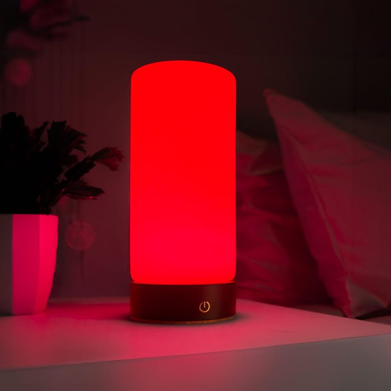 Lámpara de terapia de luz roja RŪBI: longitud de onda de 670 nm para dormir, relajarse y sentirse bien / Brillo ajustable / Elegante diseño de vidrio y madera