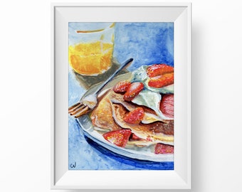 Erdbeer Pfannkuchen an Orangensaft 13x18cm Original Kunstdruck
