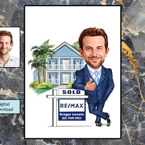 Aangepaste onroerend goed cartoon portret, makelaar karikatuur, grappige onroerend goed cadeau, makelaar karikatuur van foto, makelaar Office Art