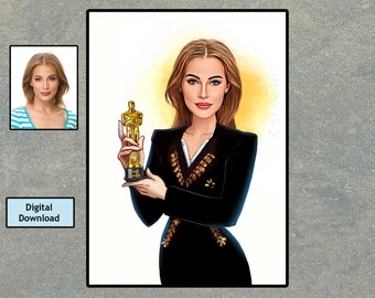 Personalised Cartoon Award Winning Woman , Customized Award Caricature, Personalized gift with desired photo, Digital Download