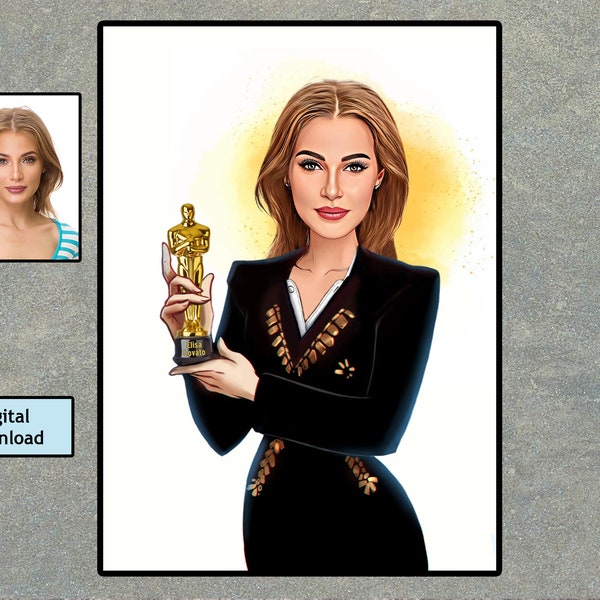 Personalised Cartoon Award Winning Woman , Customized Award Caricature, Personalized gift with desired photo, Digital Download