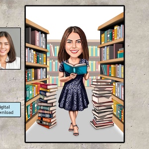 Bibliothecaris vrouw karikatuur cadeau, aangepaste bibliothecaris cartoon cadeau, bibliothecaris pensioen cadeau-ideeën, bibliotheek cadeau voor boekenliefhebbers, schoolbibliothecaris