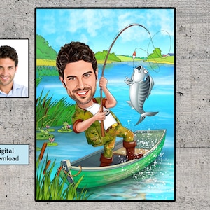 Aangepaste cartoon visser, aangepaste karikatuur vangst visser figuur, visserij gepersonaliseerd cadeau, beste cadeau voor visser, digitale download