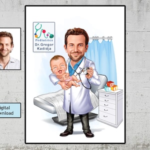 Retrato personalizado de pediatra masculino, caricatura de médico pediatra, dibujo animado a partir de una foto, regalo divertido de pediatra, médico pediatra infantil