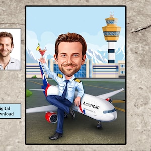 Caricature Pilot Portrait, Pilot Gift Idea, Pilot Birthday Gift, Pilot Retirement Gift, Captain Pilot,Aviation Gifts, Gift for Air Force
