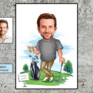 Regalo de golfista personalizado, retrato de caricatura personalizado de su foto, jugador de golf le regala a sus hombres, regalo de cumpleaños de dibujos animados de golf, descargar