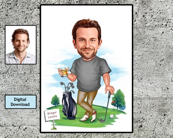Personalized Golf Caricature Portrait, Golfer Birthday Gift (Digital Download)