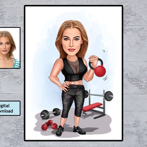 Aangepaste vrouw fitness cartoon portret, fitness karikatuur, cadeau voor sportschool liefhebber, fitness cartoon, aangepaste vrouwelijke fitness stripfiguur