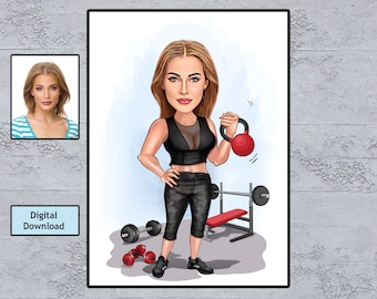 Retrato de dibujos animados de fitness de mujer personalizado, caricatura de fitness, regalo para amante del gimnasio, dibujos animados de fitness, personaje de dibujos animados de fitness femenino personalizado