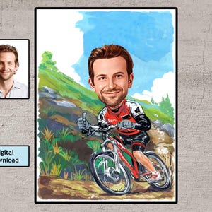 Retrato de ciclista personalizado, retrato de motociclista, regalo de ciclista, caricatura de ciclista, caricatura personalizada, caricatura a partir de una foto