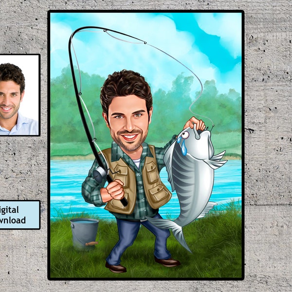 Customized Cartoon Fisherman, Custom Caricature Catch Fisherman Figure, Fishing Personalized Gift, Best Gift for Fisherman, Digital Download