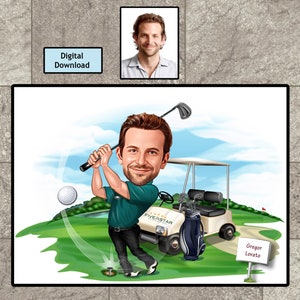 Personalized Golfer Caricature Portrait: Custom Golf Gift (Digital Download)