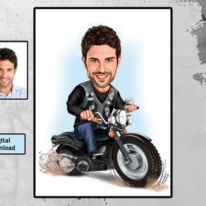Personalized Motorcyclist Cartoon Portrait, Motorcyclist Portrait, Gift for Motorcyclist, Motorcyclist Caricature, Caricature from Photo