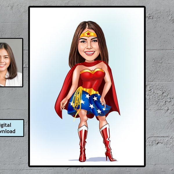 Custom Super Hero SUPERWOMAN Cartoon, Caricature From Photo, Digital Portrait, Mothersday Gift,Birthday Gift, Digital Download,Portrait Gift