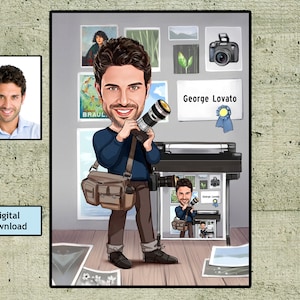 Aangepaste fotograaf karikatuur portret, gepersonaliseerde fotograaf verjaardag pensioen cadeau cartoon idee, fotograaf, fotostudio