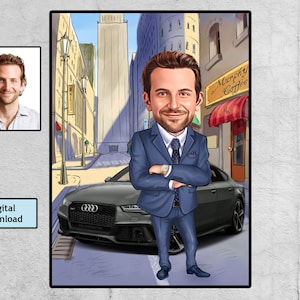 Autokunst, auto voor karikatuur, autoliefhebber, illustratie, cartoon voor verjaardag - voor haar - voor hem, van foto, grappige tekening, digitale download