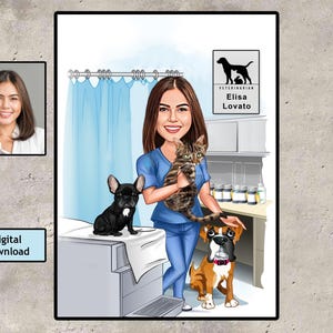 Aangepaste dierenarts cadeau voor vrouwen, karikatuur vrouwelijke dierenarts van foto, grappig dierenartscadeau, grappig portret dierenarts, cartoon tekening dierenarts