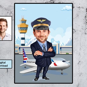 Caricature Pilot Portrait, Pilot Gift Idea, Pilot Birthday Gift, Pilot Retirement Gift, Captain Pilot,Aviation Gifts, Gift for Air Force Dad