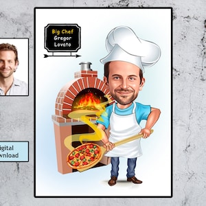 Aangepaste Pizza Master karikatuur, chef-kok cartoon portret, gepersonaliseerde chef-kok cadeau, aangepaste voedsel kok portret van uw foto, digitale download