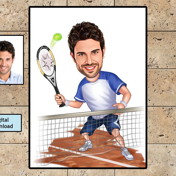 Portrait de dessin animé de joueur de tennis masculin personnalisé, caricature de tennis, cadeau pour joueur de tennis, dessin animé de tennis, caricature personnalisée à partir d’une photo, tennis