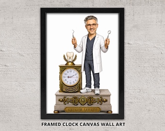 Personalized Dentist Caricature Clock Framed Canvas Wall Art: Unique Retirement Gift (Battery Operated)